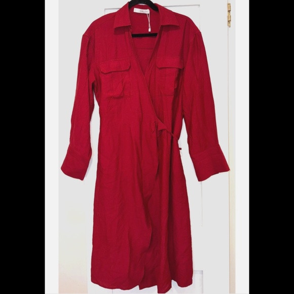 MANGO Bilma Wrap Front Long Sleeve Midi Dress Shirtdress Size S, Red - Picture 2 of 6